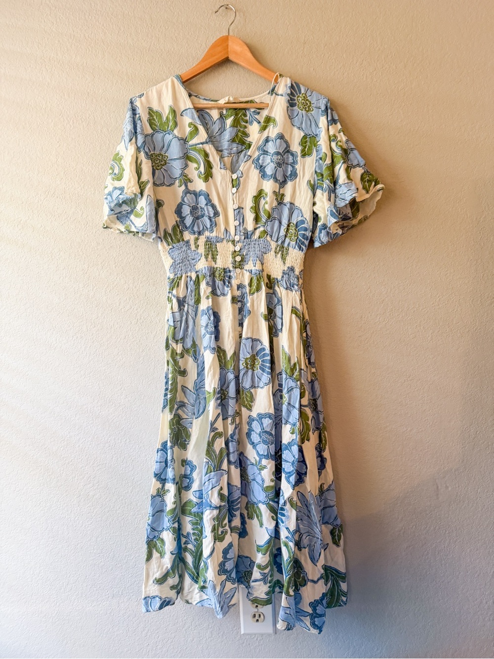 Talisman the Label Harlow Floral Blue and Green Midi Dress with Smocked Waist L
